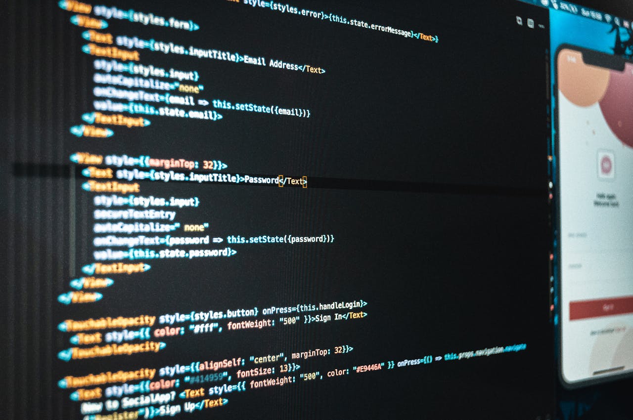 services-01 Detailed close-up view of programming code on a computer screen, showcasing a web application interface.